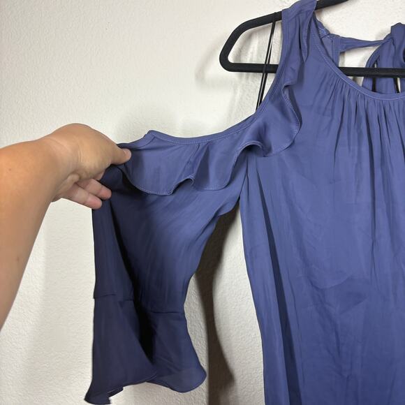 Alice & Trixie Medium Crepe Cold Shoulder Blouse Navy Ruffle Tie Back - Picture 4 of 9